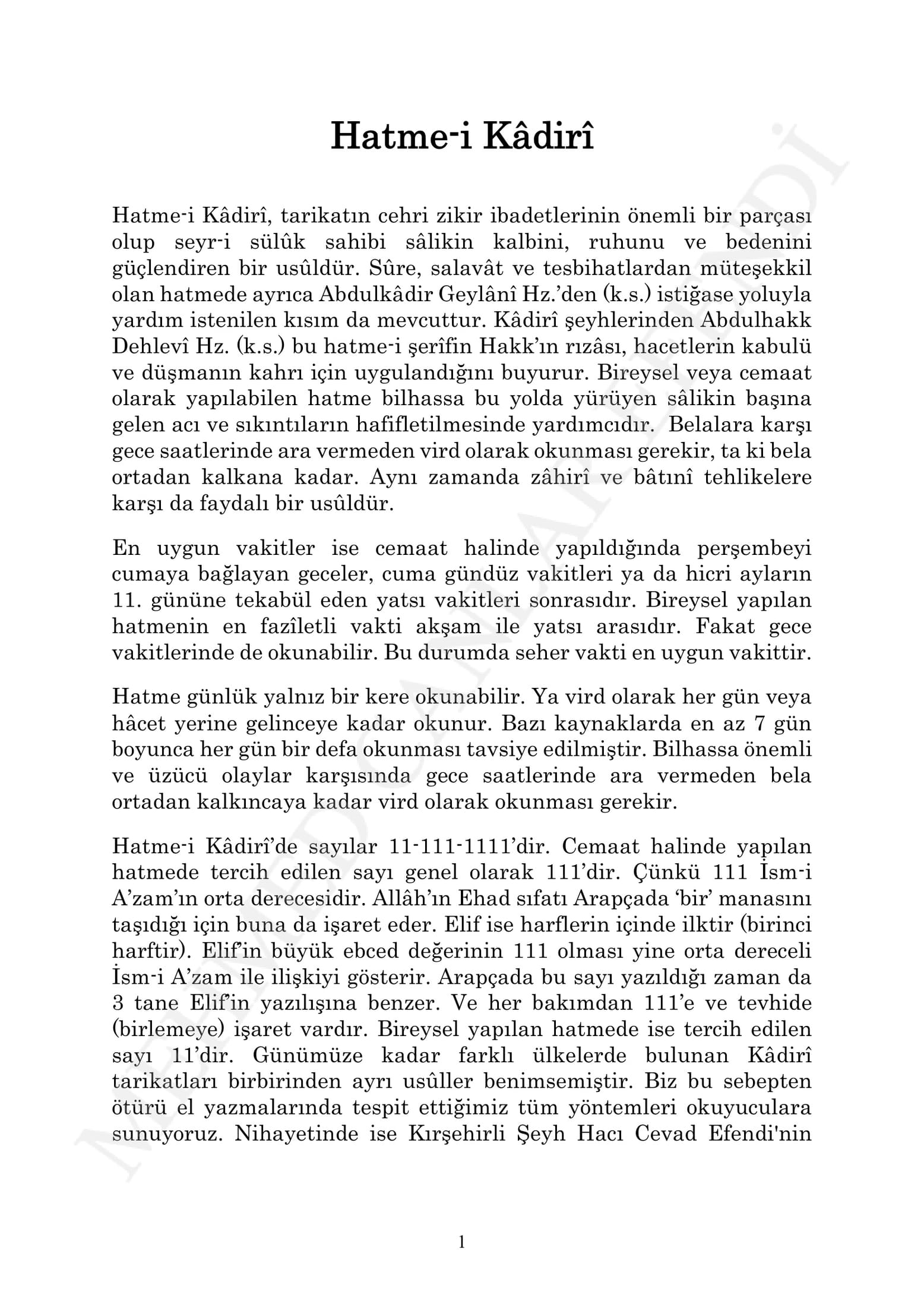 Kâdirî Hatme 1. sayfa